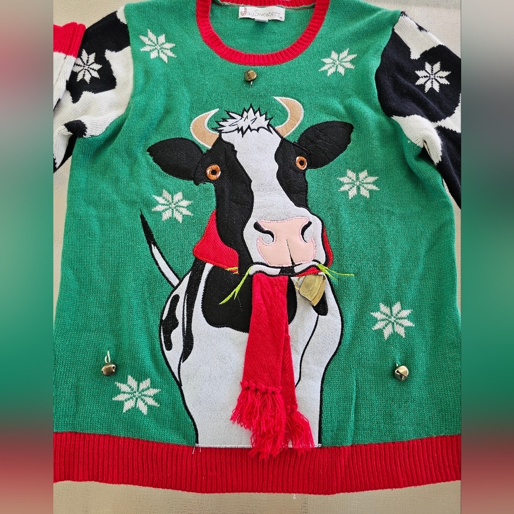 Jolly Sweaters Cow Christmas Ugly Sweater Large Festive Holiday Knit Retro Fun - Picture 11 of 12